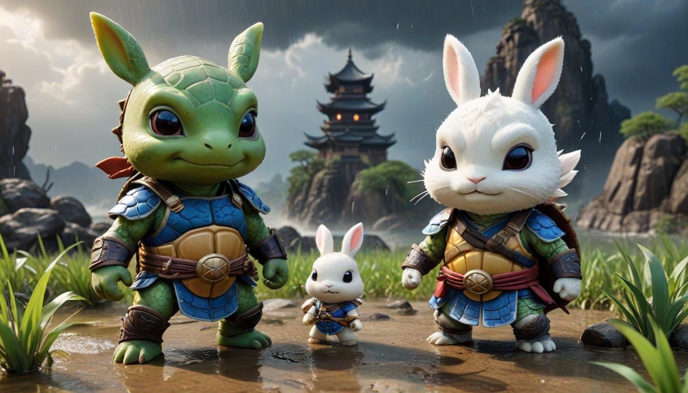 two cute chibi turtles wearing rabbit armor set out on an adventure in ...