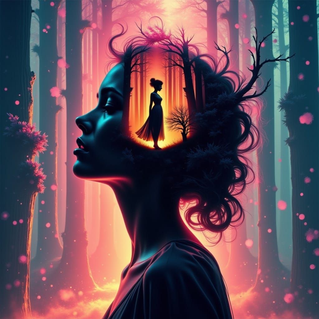 <lora:DoubleExposure:1.0>A mesmerizing double exposure At the center, a hauntingly beautiful silhouette of a woman captures the viewer's at...