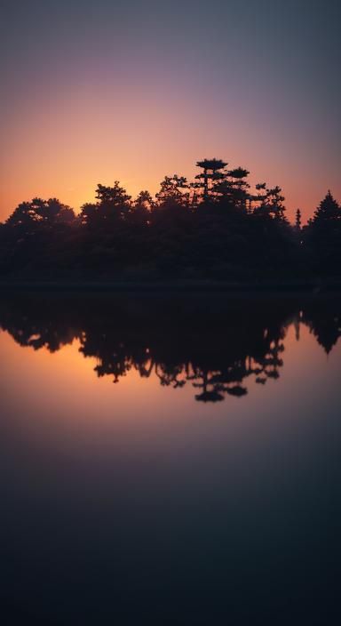Darkened Forest on Lake at Colorful Sunset