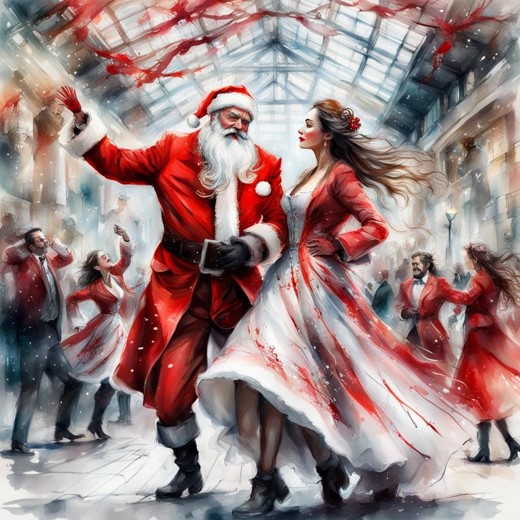 Santa in his red coat dancing salsa with a beautiful Spanish...