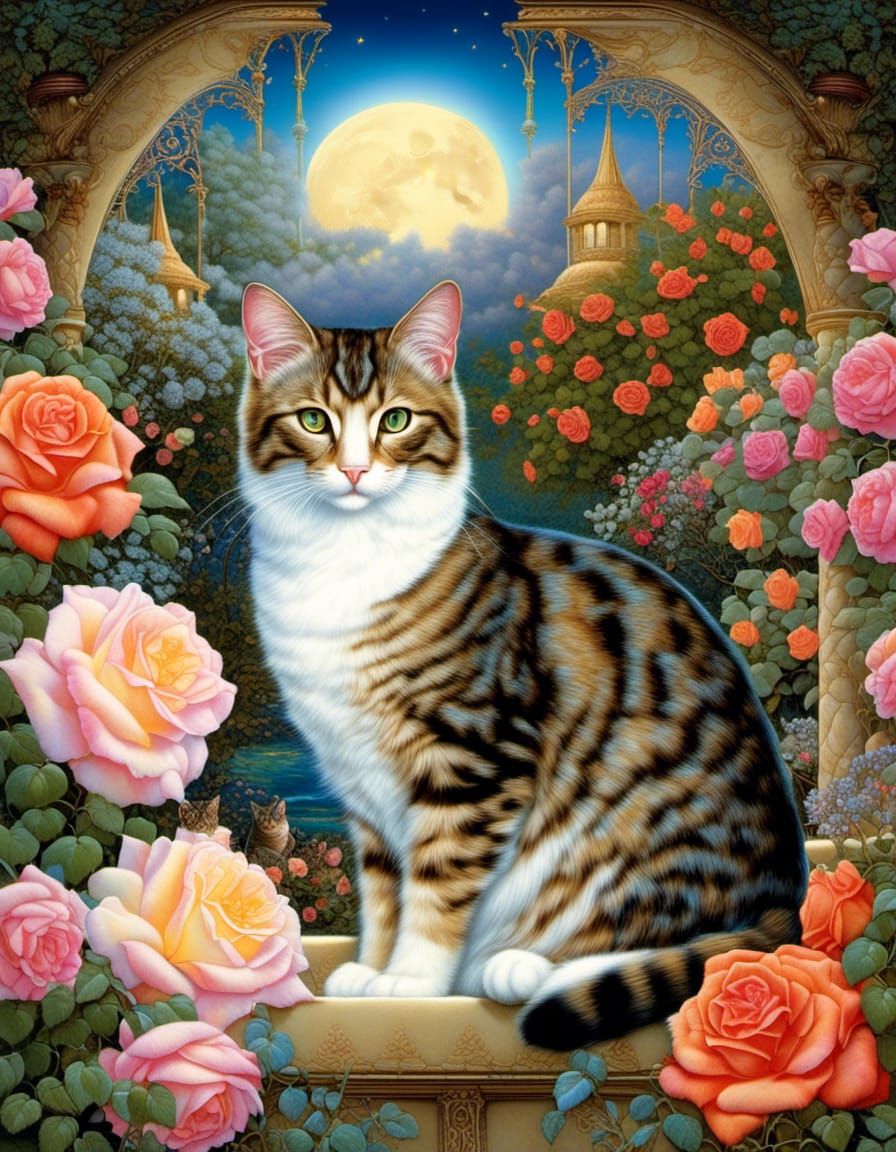 Absolutely stunning, an elegant savanna cat amid multi-hued blooms of a rose garden, digitally enhanced, dazzling flower garden, hyperrealis...