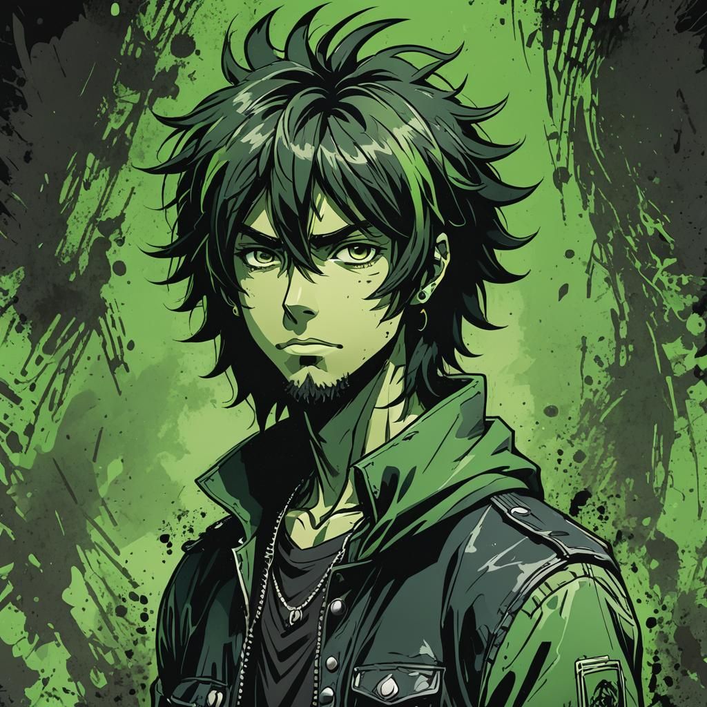 2000s rocker shaggy hair grungy black and green
