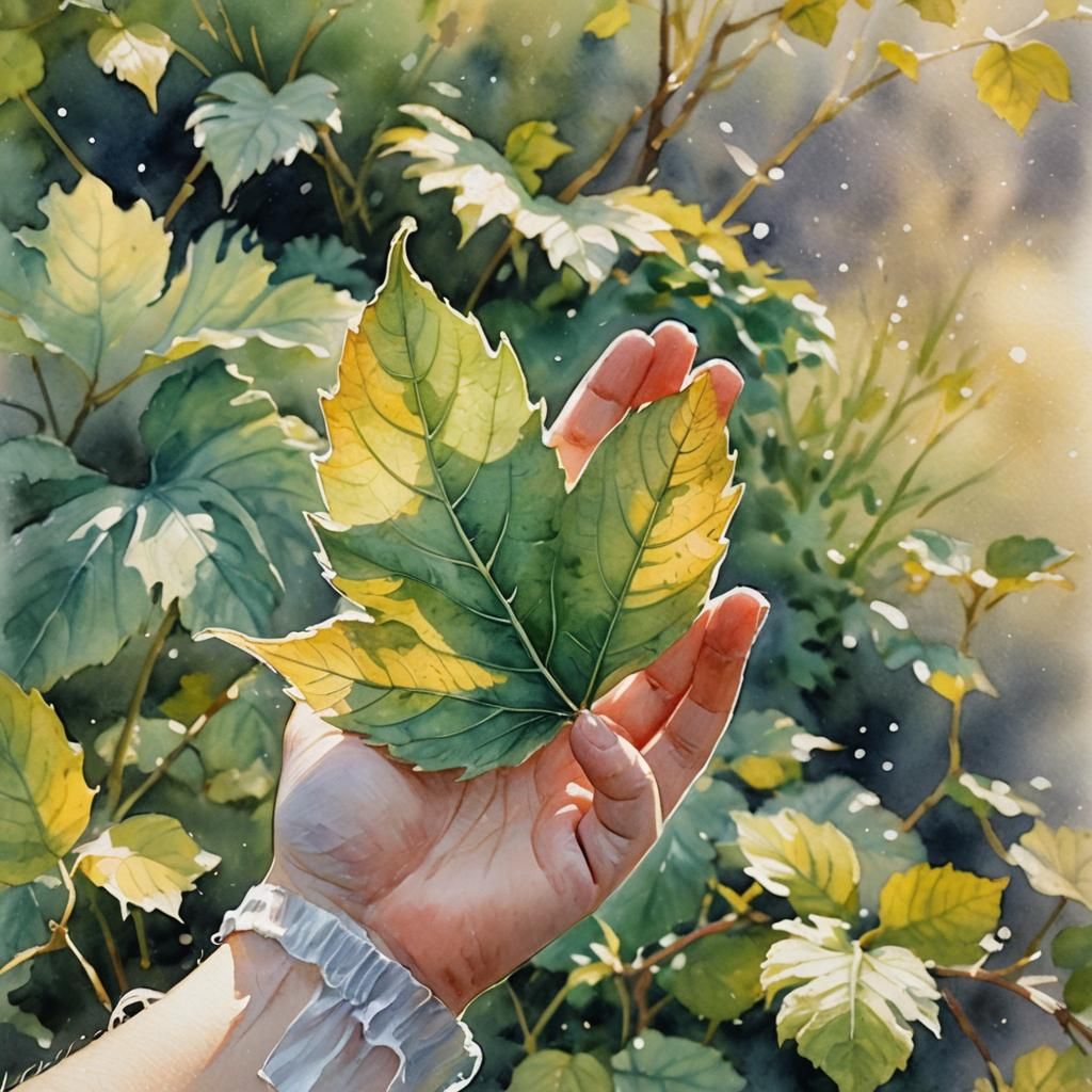 Gentle Hand Holds Leaf in Whimsical Watercolor