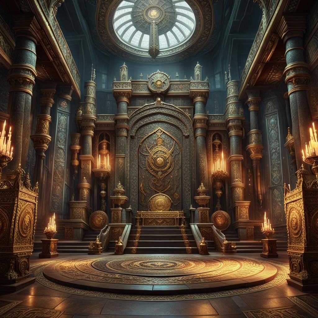 Grand throne room, barbarian king, flowing tapestry, mystic relics of an unknown age, ornate decorations ...  by @undefined