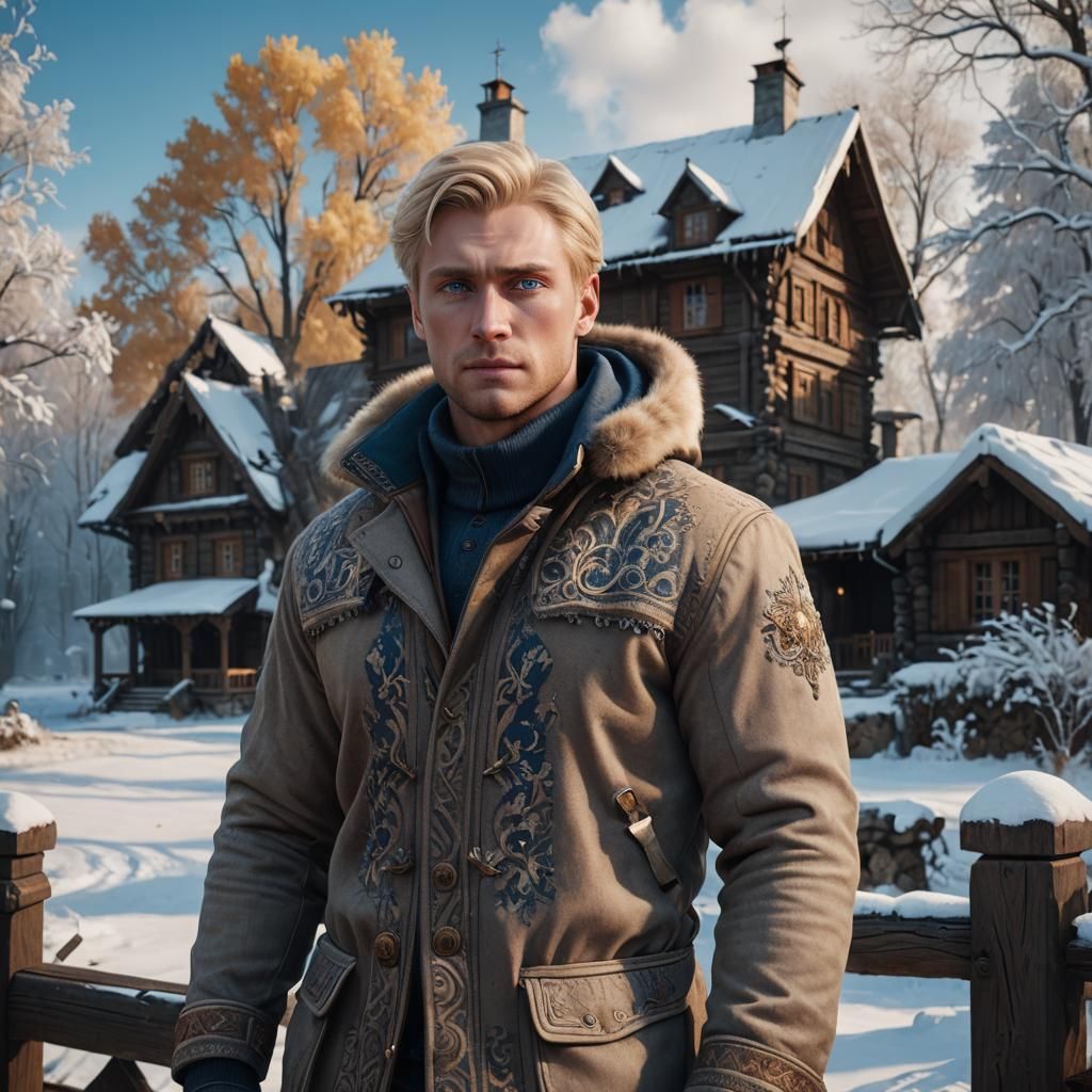 A russian blond guy with blue eyes standig infront of a coun...