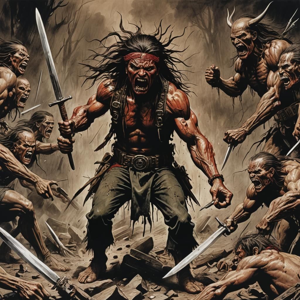 Enraged native apache full engaged attack, knives in both ha...