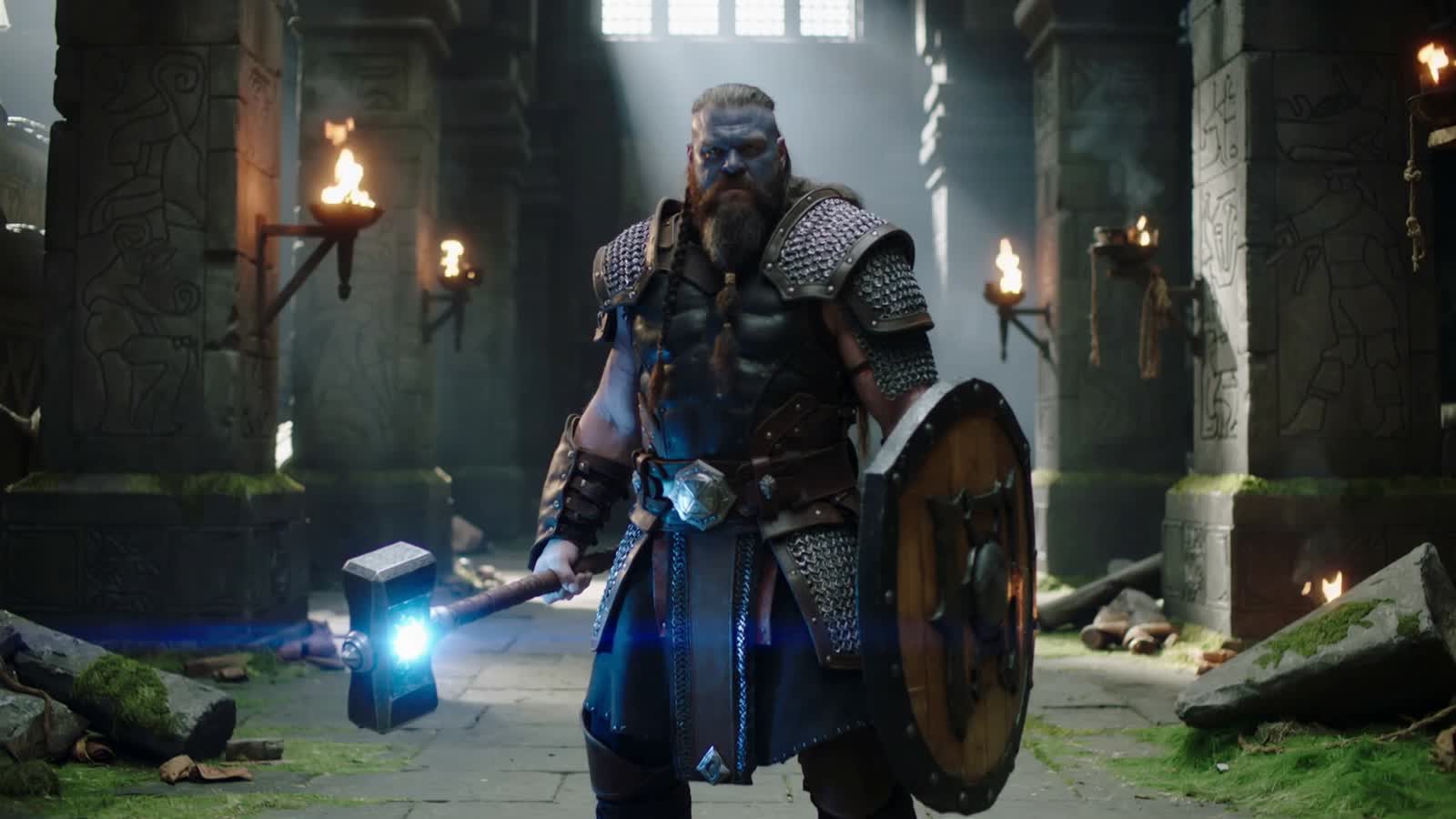 battle-hardened male dwarf  paladin in chain mail armor. He has a shield in one hand and a glowing one handed mace in th...