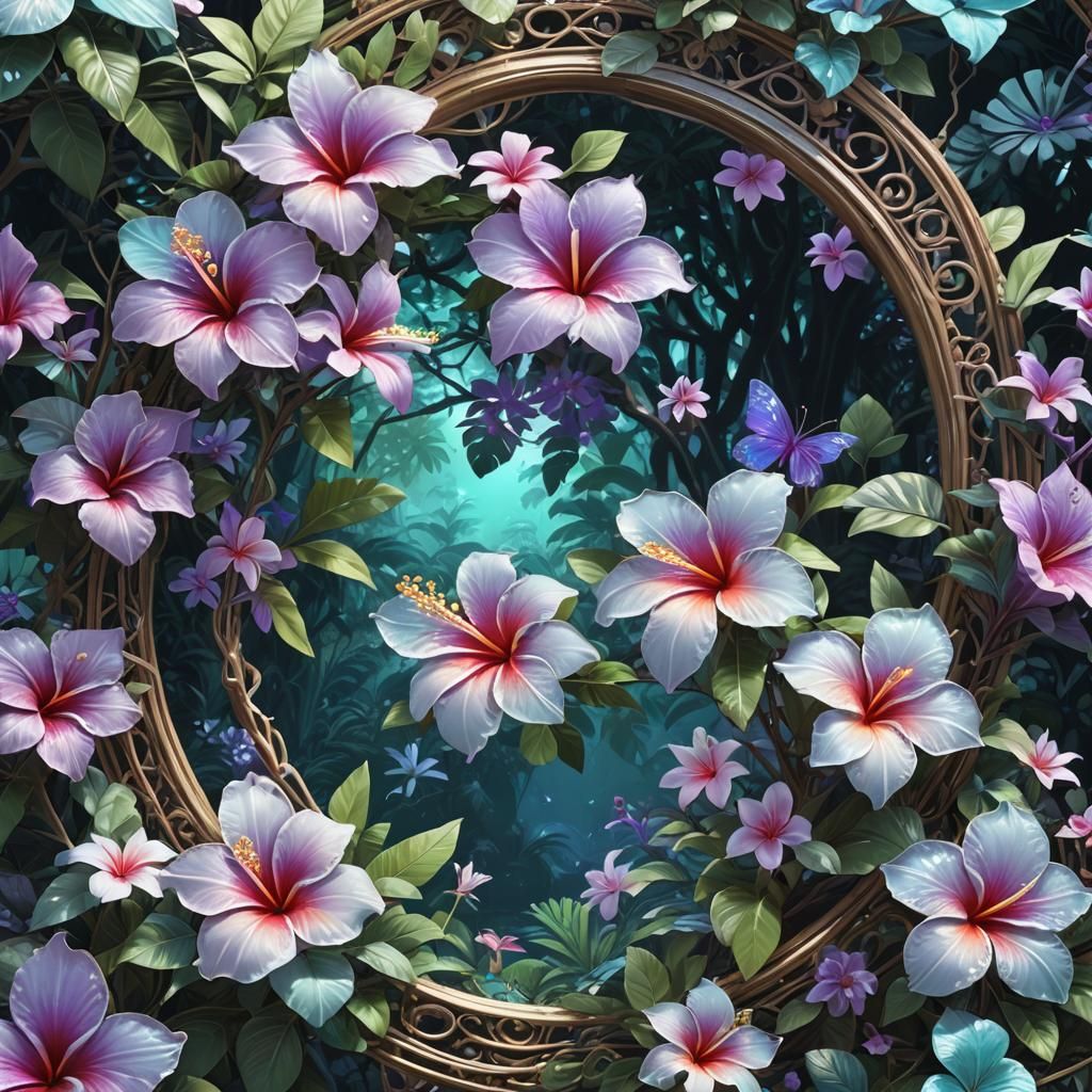 Iridescent Filigree plumeria jungle portal purple white aqua...