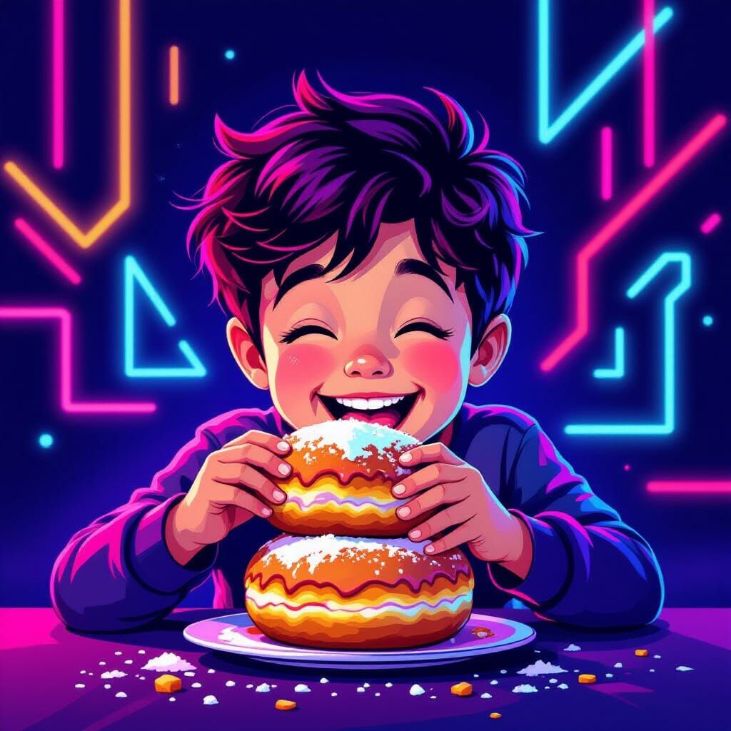 Boy Eats Sufganiyah in Vibrant Neon Retro Art Style