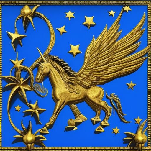 3D black unicorn with large gold wings. 3D moon and stars, t...