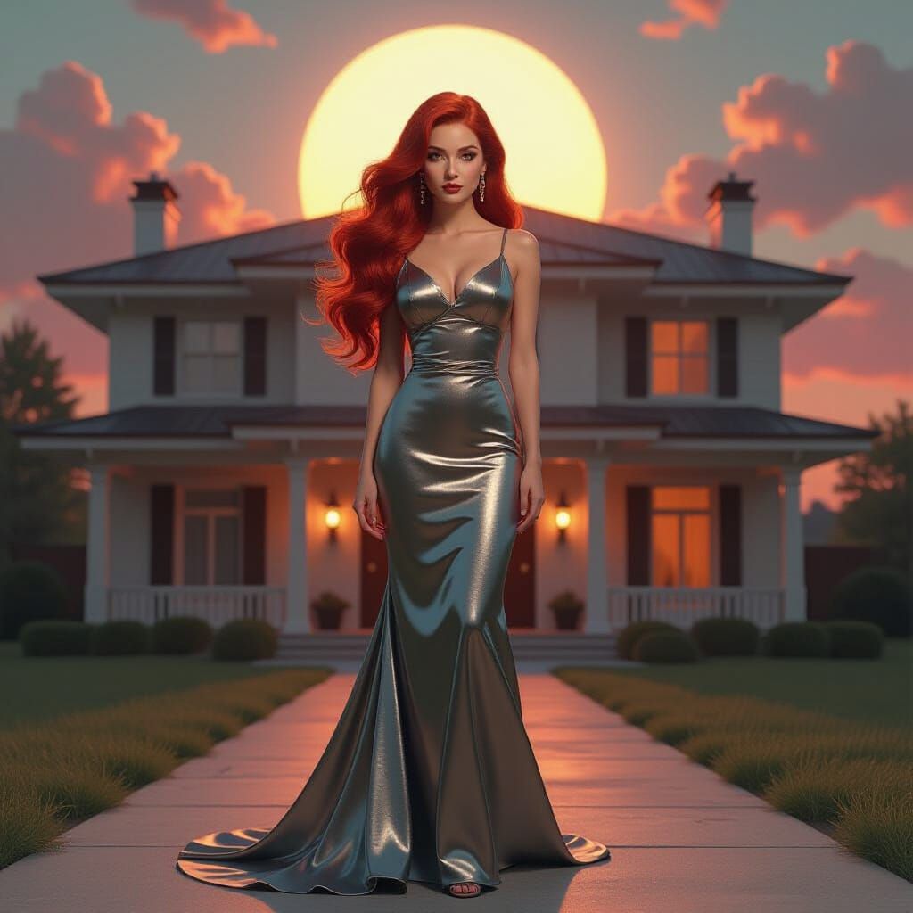 a elgant ecotic etheral and divine lady with long flowing red hair wearing a retrofuturism atompunk dressshe is standing in front of AA hous...
