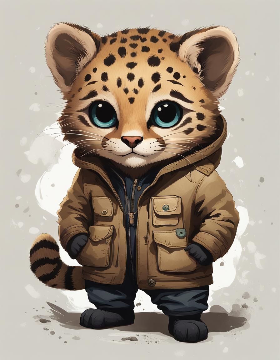 Anthropomorphic male Kodkod cub wear overalls in which speci...