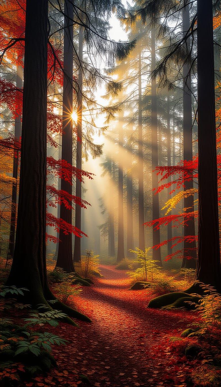 Ancient Autumn Forest with Golden Sunlight