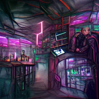 Sketchy cyberpunk bar interior; The Bar