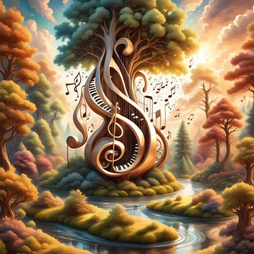 A tree with branches shaped like musical notes floating around the beautiful enchanting magical musical instrument forest surrounded by swir...