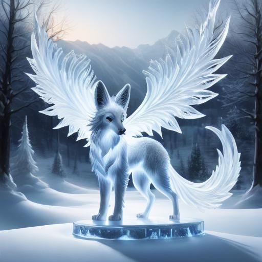 <lora:Ice:1.0> The image depicts a beautifully crafted transparent ice sculpture of a Gumiho looking angelic standing on a snow-covered grou...