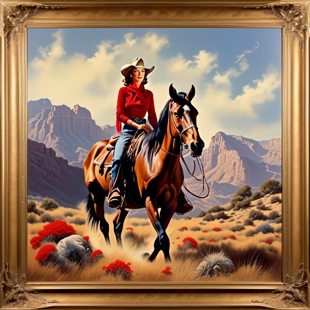 Ava Gardner wearing a tan cowboy hat and red scarf riding a ...