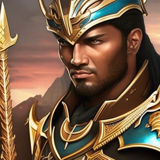 include full body portrait, dark skin, armed with spear and ...