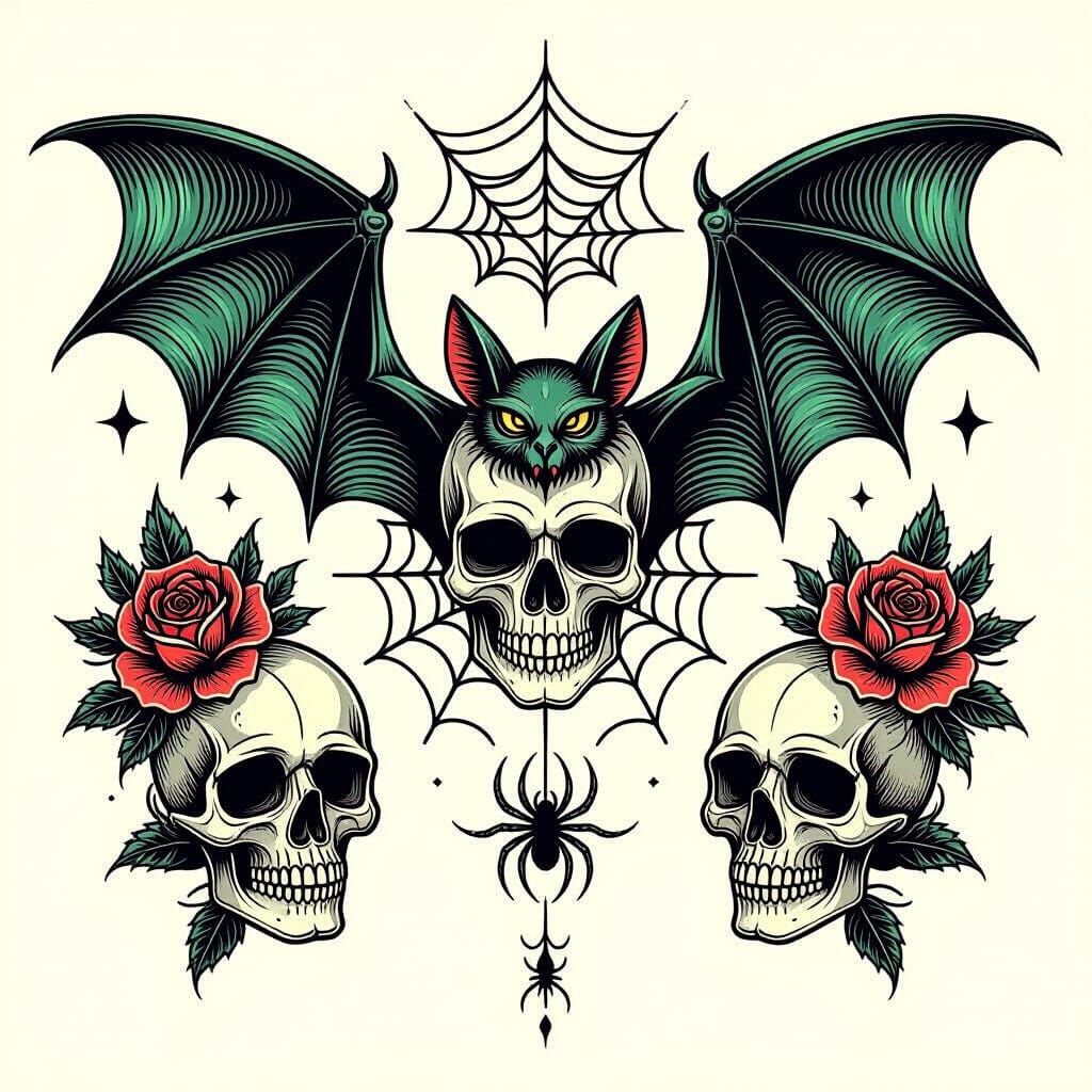 Tattoo Sheet with Bats, Skulls, and Spiderwebs
