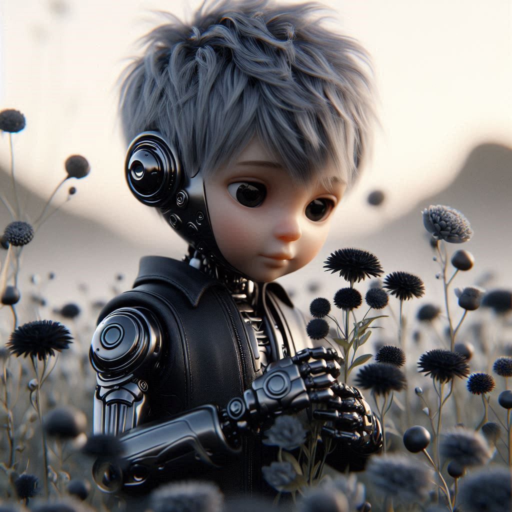 Black and Silver Cyborg picking wildflowers