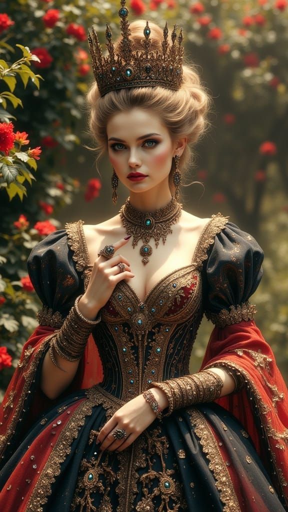 Gothic Queen in Lavish Embroidered Gown, Set Against Vibrant...