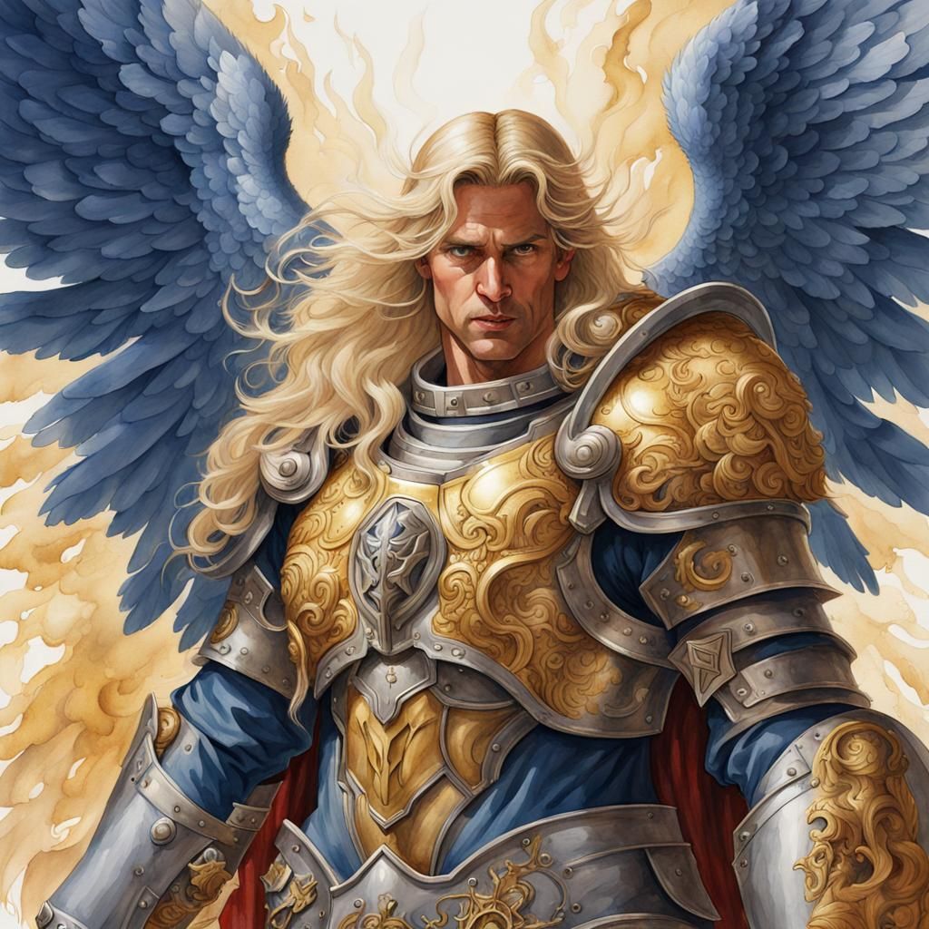 Watercolor painting of Sanguinius. blue angel wings, long blonde hair ...