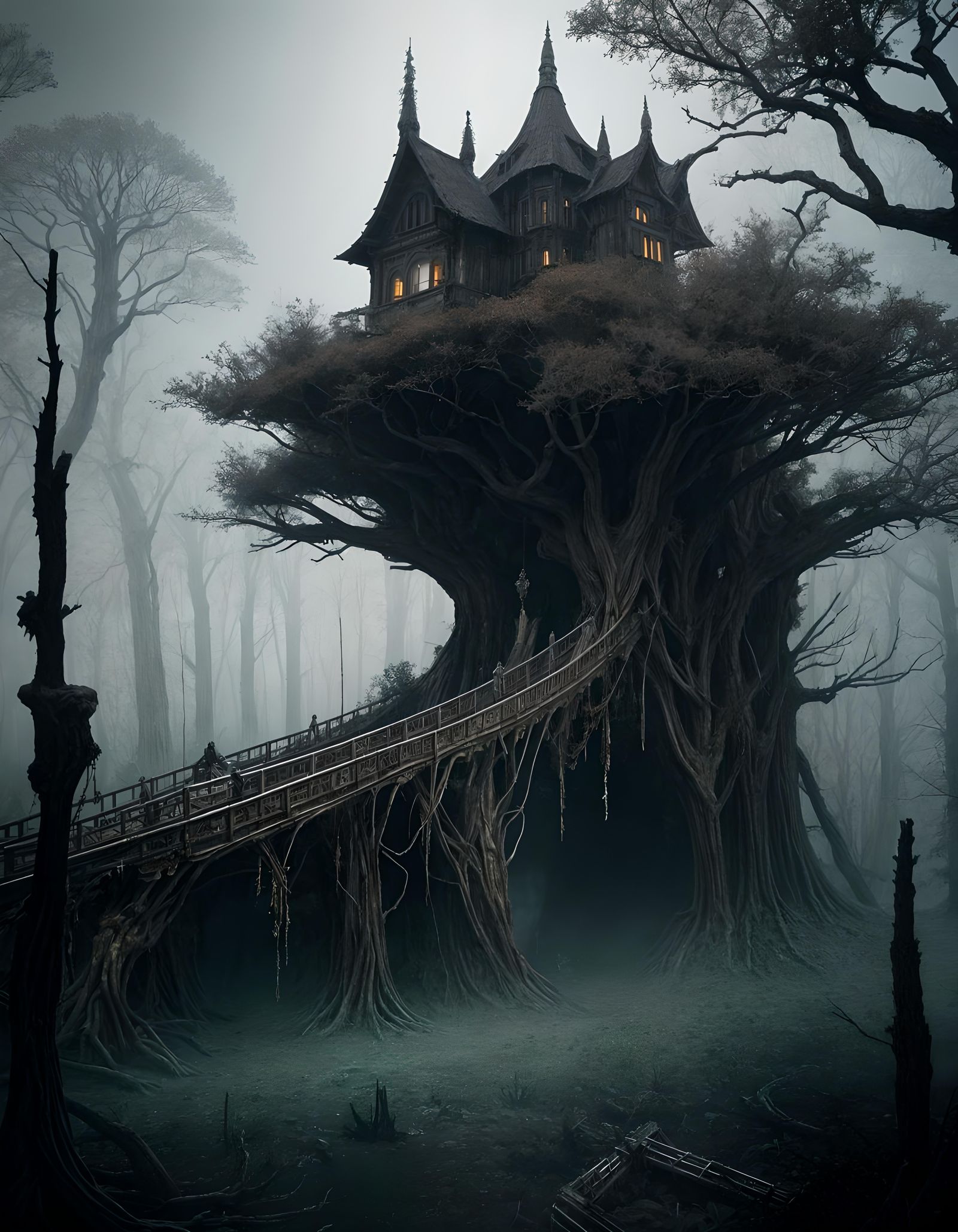 Cursed Tree with Bohemian Treehouses in Desolate Landscape
