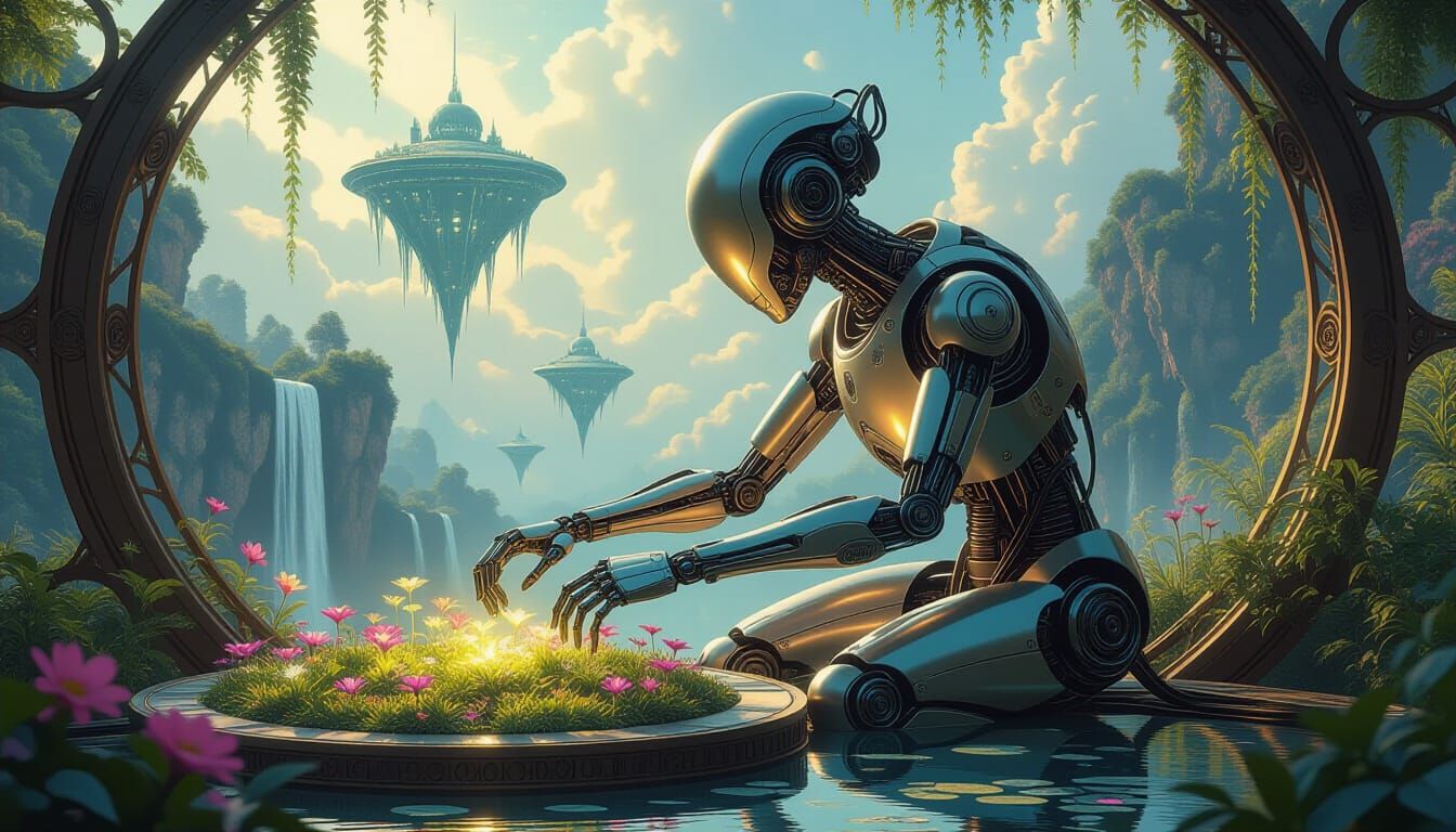 An intricate, clockwork automaton, designed with elegant, organic curves reminiscent of Art Nouveau, carefully tends to a bioluminescent gar...