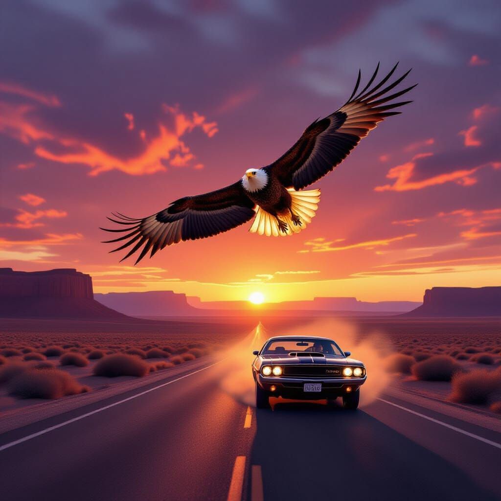 A majestic eagle soars over a vast, arid desert landscape at sunset, its wings casting a shadow over ...  by @Andy