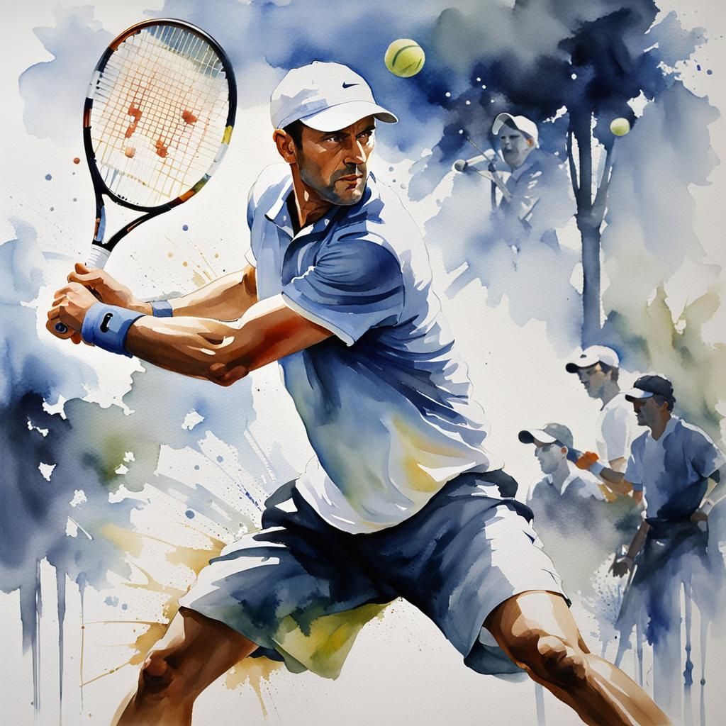 In the style of Thomas Schaller, generate an ultrarealistic watercolor image of a tennis player performing ...  by @Exo1124