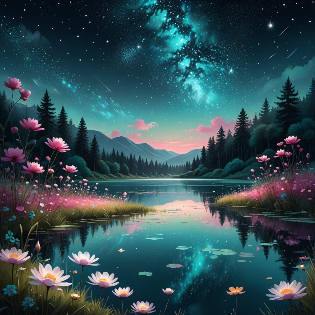 Detailed digital painting. A serene lake reflects a magical flower meadow under a starry night sky, with ...  by @Fungidelight