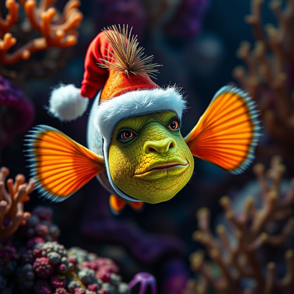 Ocean Clown fish dressed in  a Christmas costume of the grin...