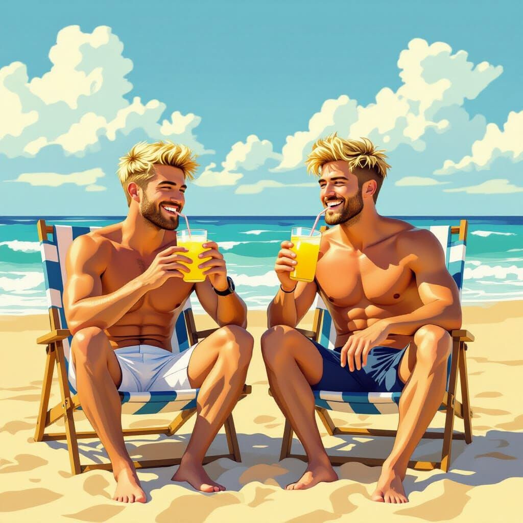 Two Men Laughing with Lemonade on Beach