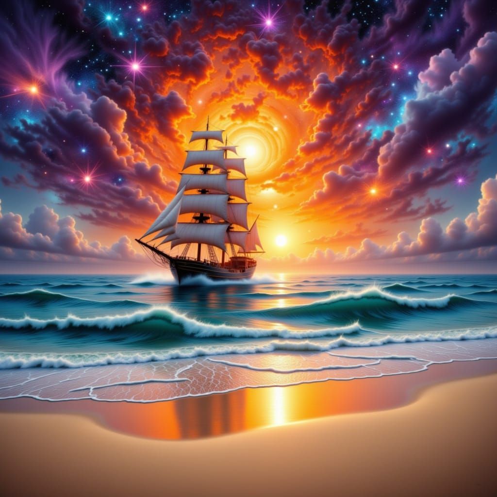 <lora:Boats and Ships:1.0>A surreal airbrushed landscape of a ocean beach sunset double exposure ship airbrushed orange ocean sunset galaxy....