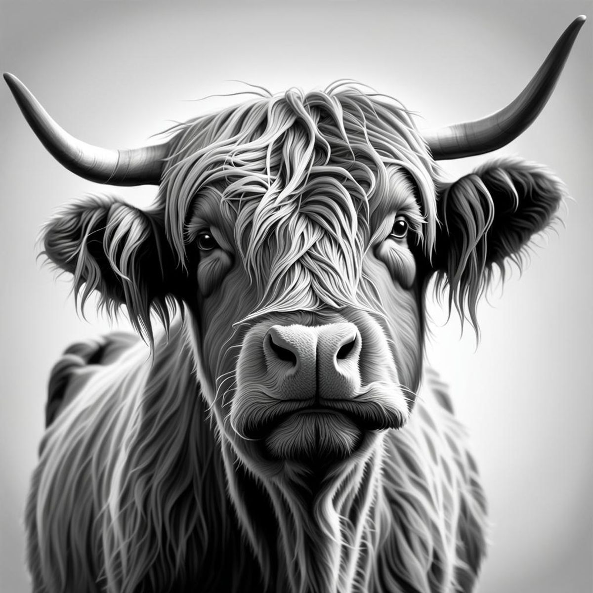 3d greyscale highland cow - AI Generated Artwork - NightCafe Creator