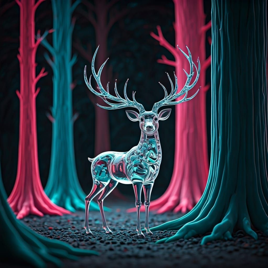 Ethereal glass stag in a neon forest  by @Alison
