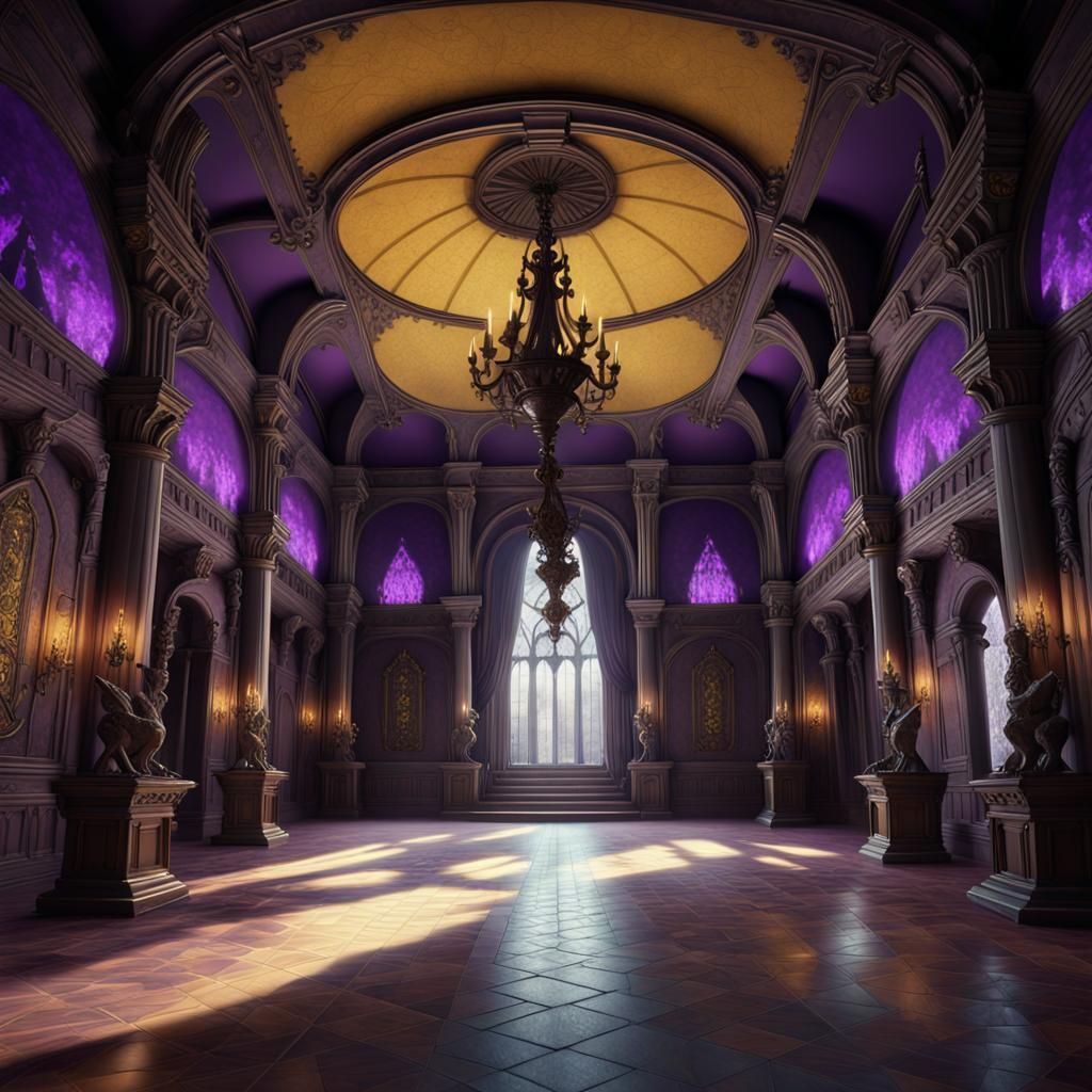 Empty ballroom in an ancient witch's castle, with spooky statues along ...