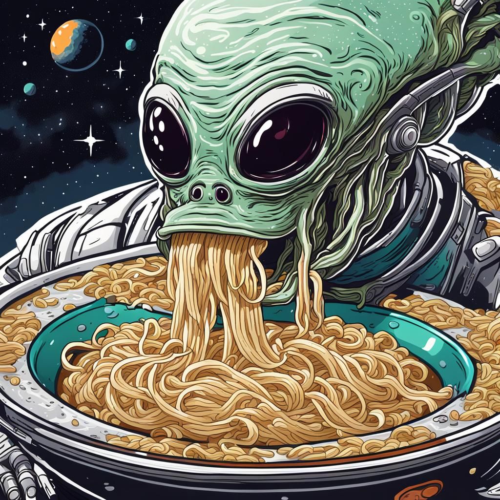 An alien slurping Ramen noodles in space