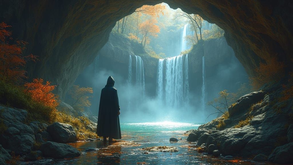 A hidden grotto behind a shimmering autumn waterfall, where the rocks are encrusted with glowing moss and ancient runes. The water itself se...