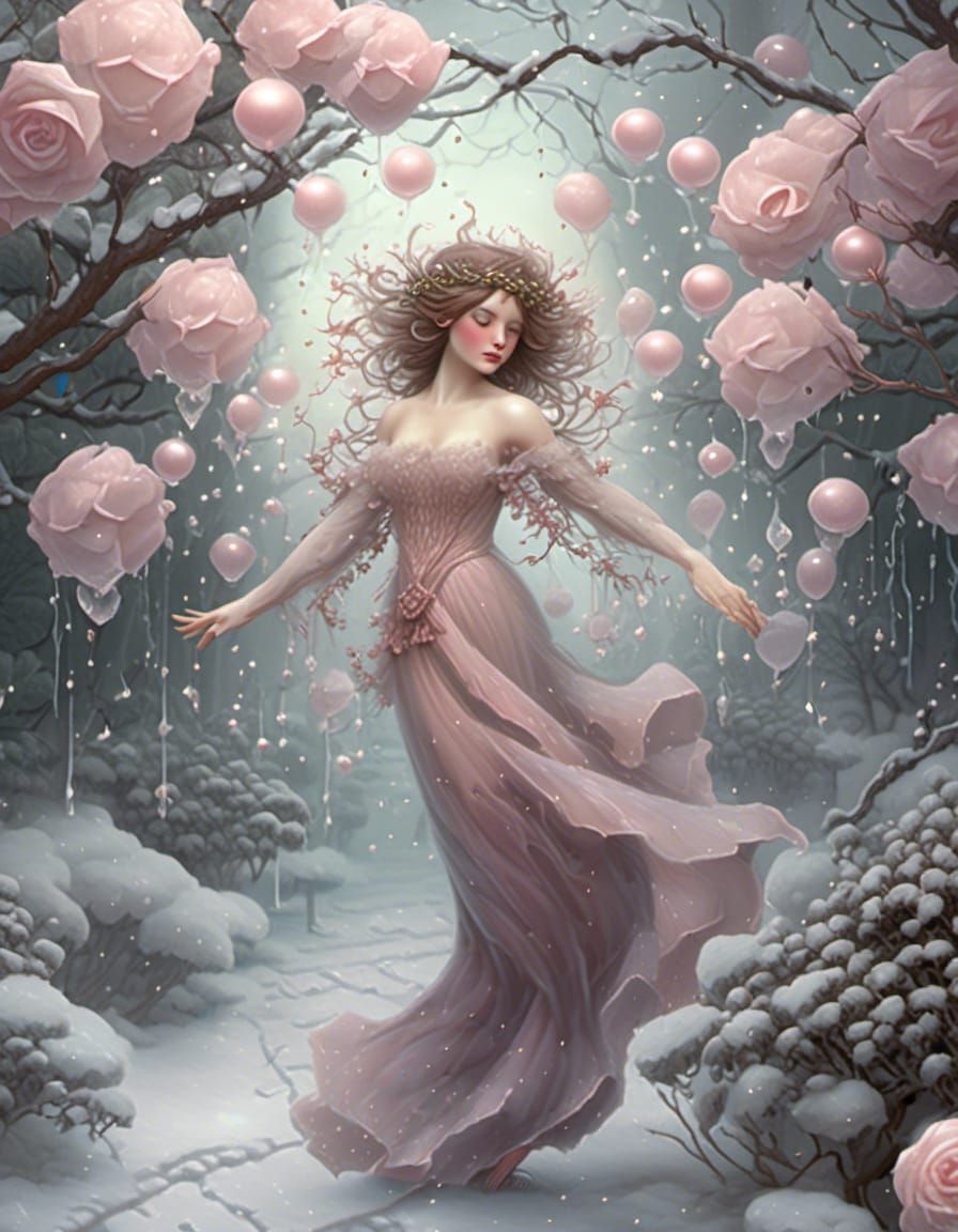 fairy girl bouncing along the frosted garden path 