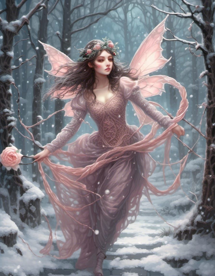 fairy girl bouncing along the frosted garden path 