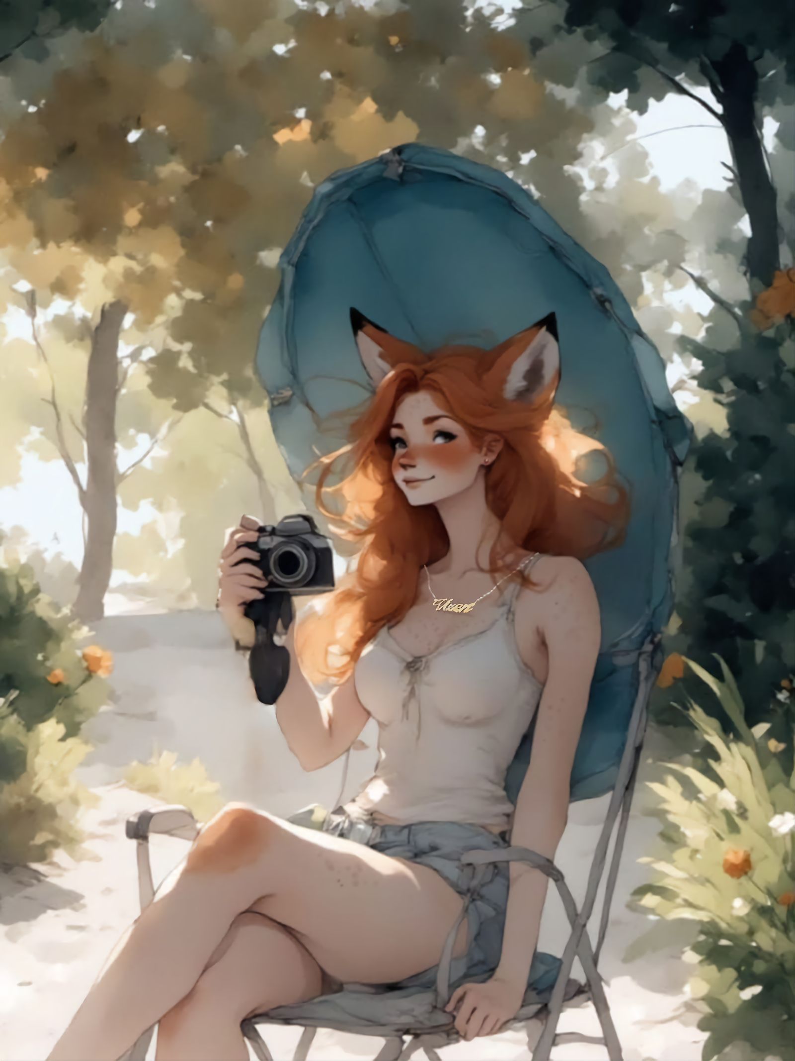 Fox-girl Vixen sitting in a lawn chair.