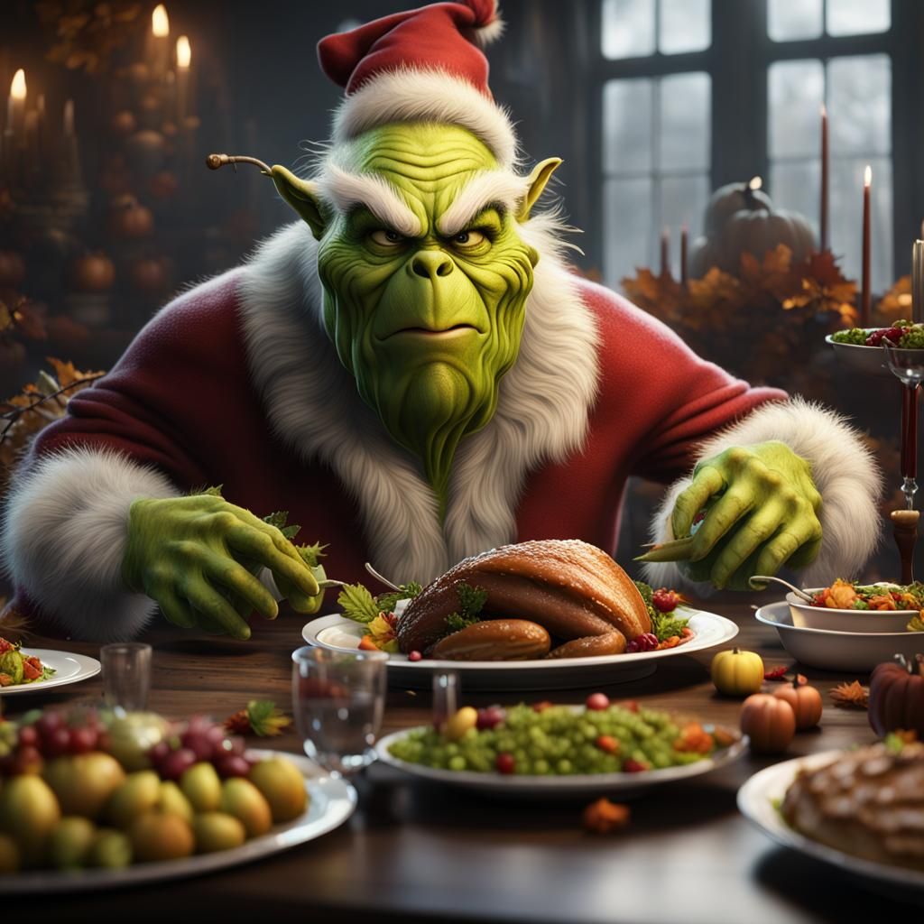 The buff Grinch at a Thanksgiving meal, eating a lot. - AI Generated ...