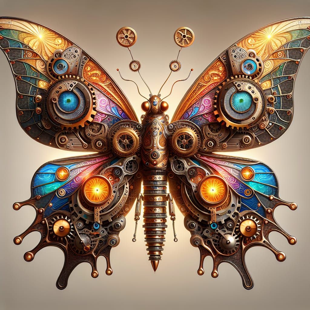 Steampunk Butterfly with Iridescent Wings in Art Brut Style