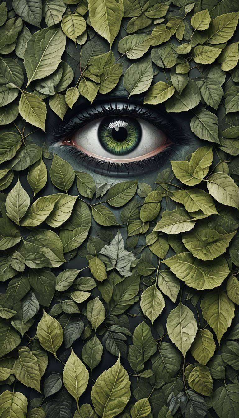Illustrate a eye catching art with leaves, use dark colors, ...