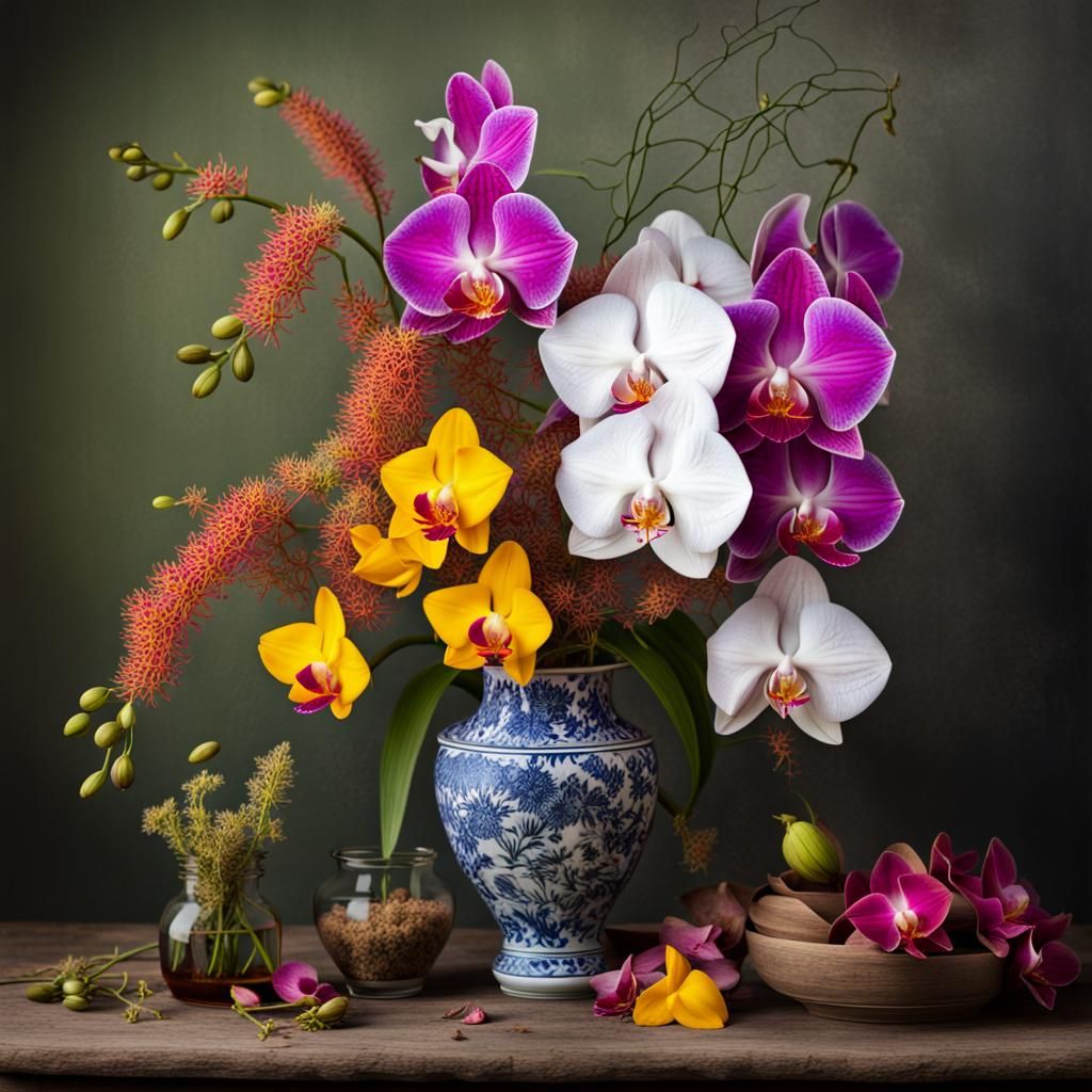 Beautiful arrangement of wildflowers and orchids