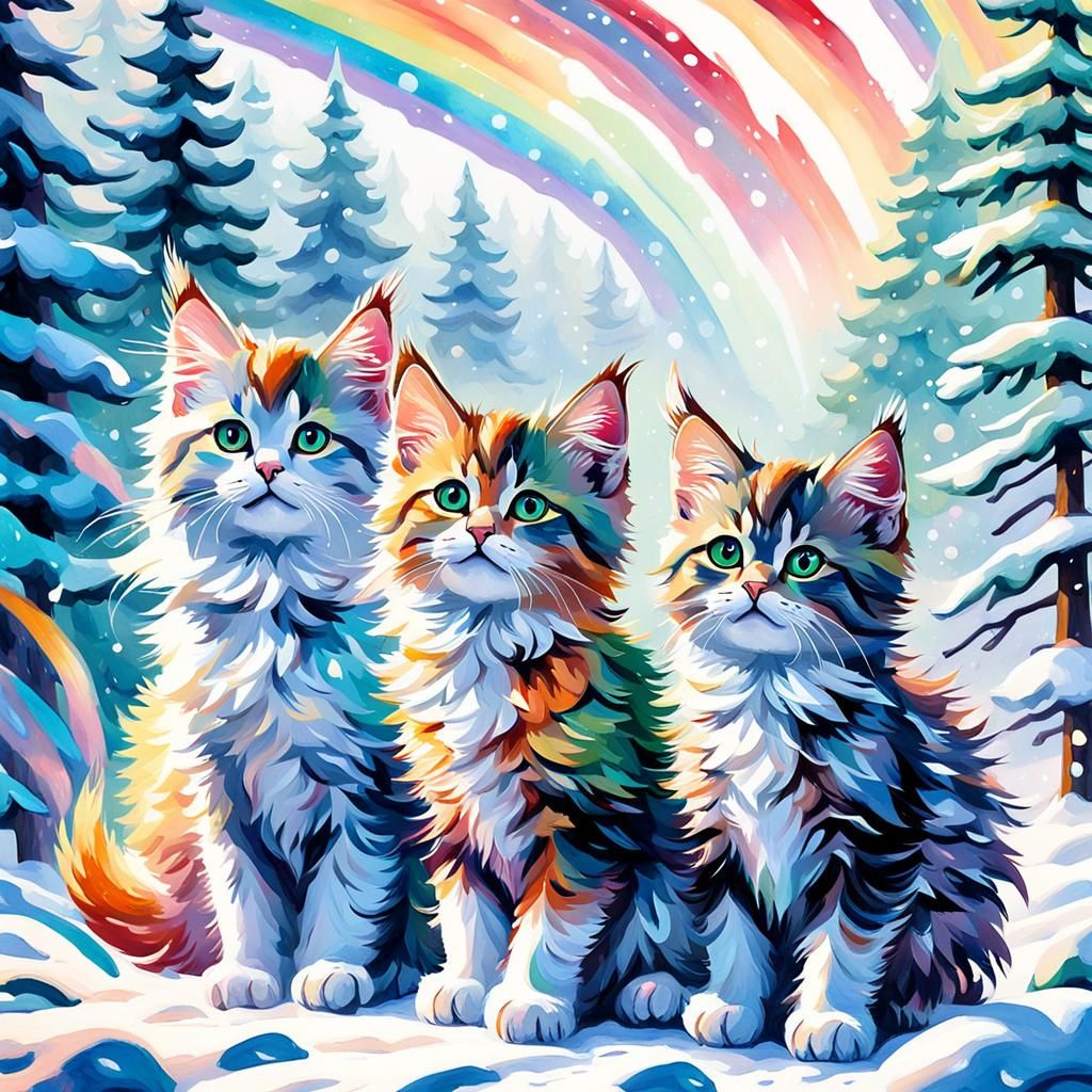 Winged glitter rainbow Norwegian forest kittens in snowy for...