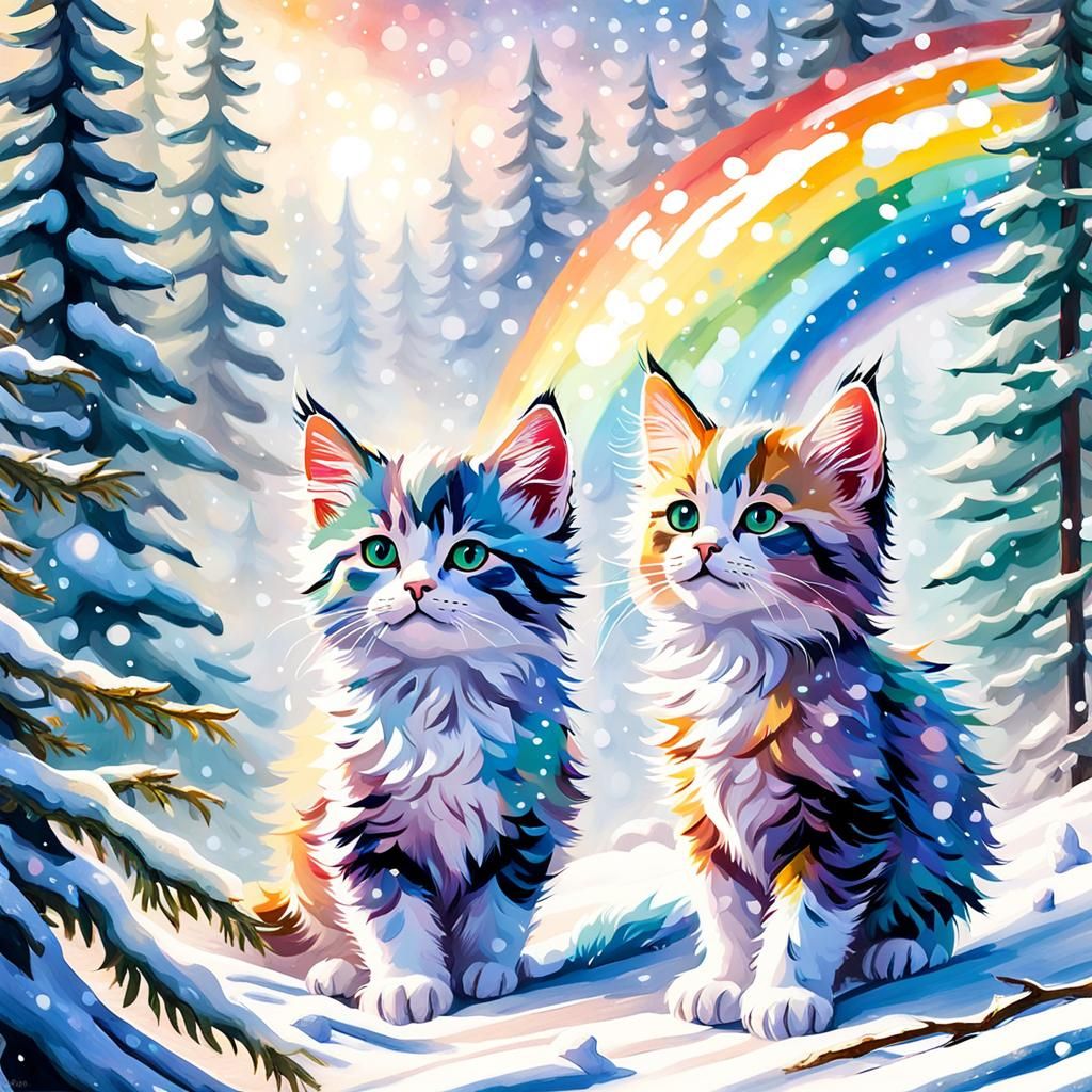 Winged glitter rainbow Norwegian forest kittens in snowy for...