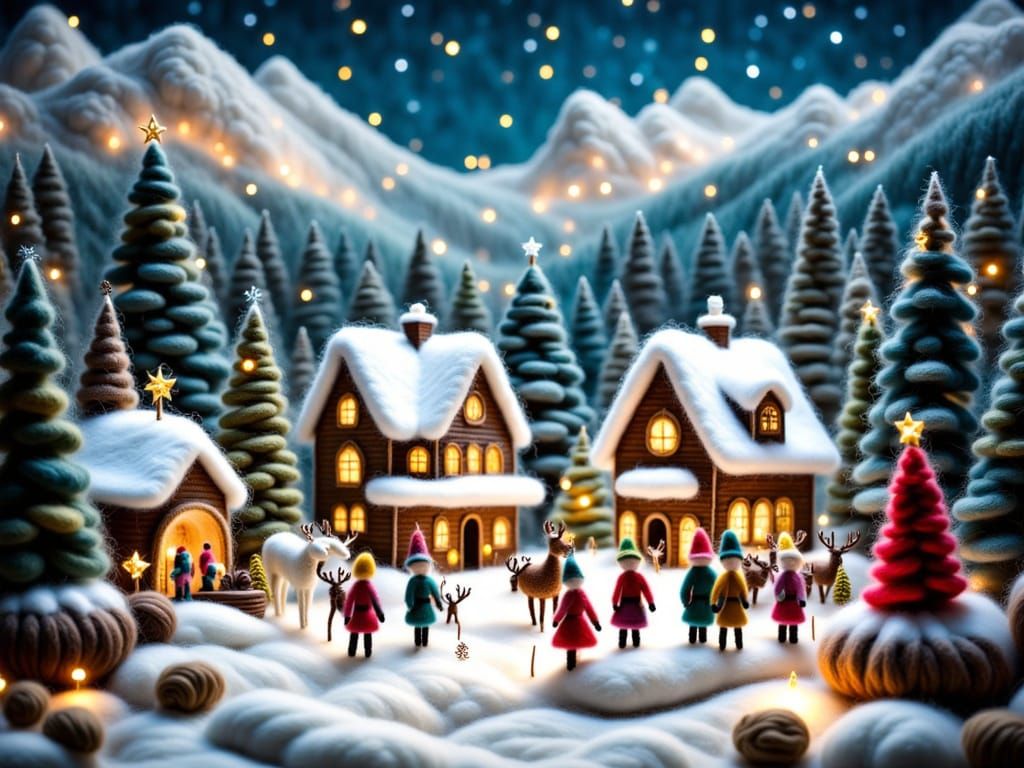 <lora:Felted Wool Flux:1.0>kawaii landscape of Santa's Village at the north pole, holiday, Christmas, cheery, festive, reindeer, evergreen t...
