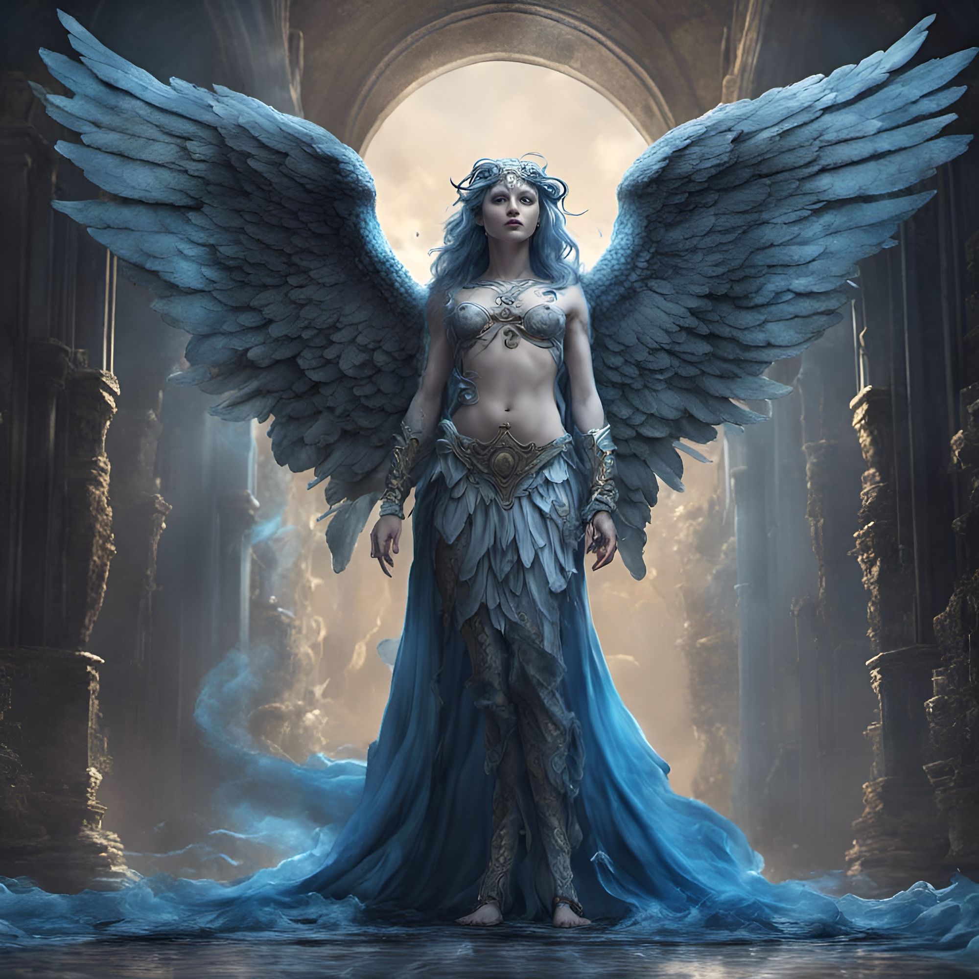 a full body realistic beautiful mythical angel with blue skin and